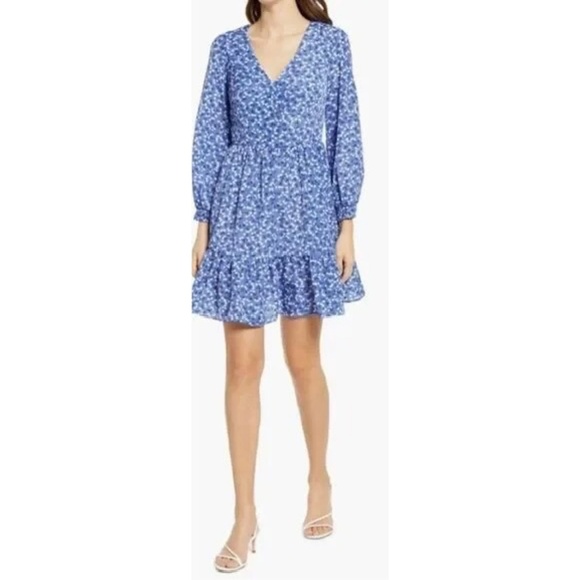 Eliza J Cherry Print Ruffle Long Sleeve Dress Blue Size 4 - Picture 2 of 11